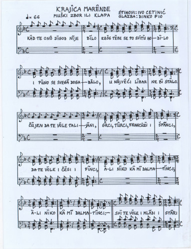 Krajica marende : muški zbor ili klapa / glazba Dinko Fio ; stihovi Ivo Cetinić.