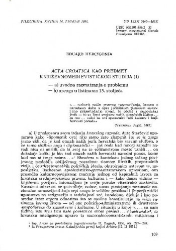 Acta Croatica kao predmet književnomedievističkog studija (I)  Eduard Hercigonja