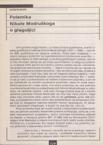 Polemika Nikole Modruškoga o glagoljici / Josip Bratulić