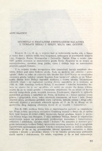 Izvještaj o značajnim arheološkim nalazima u tvrđavi Nehaj u Senju maja 1964. / Ante Glavičić