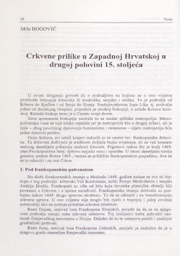 Crkvene prilike u Zapadnoj Hrvatskoj u drugoj polovini 15. stoljeća  Mile Bogović
