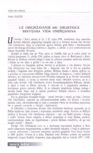 Uz obilježavanje 600. obljetnice Brevijara Vida Omišljanina / Anica Nazor