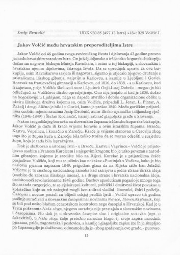 Jakov Volčić među hrvatskim preporoditeljima Istre / Josip Bratulić