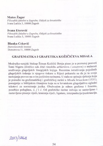 Grafematika i grafetika Kožičićeva misala  [sažetak]  / Mateo Žagar, Ivana Eterović, Blanka Ceković