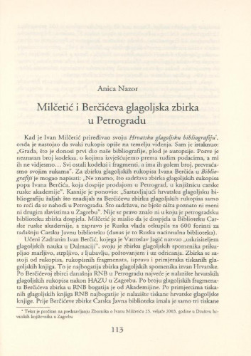 Milčetić i Berčićeva glagoljska zbirka u Petrogradu  Anica Nazor