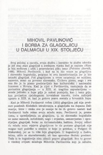 Mihovil Pavlinović i borba za glagoljicu u Dalmaciji u XIX. stoljeću / Josip Bratulić