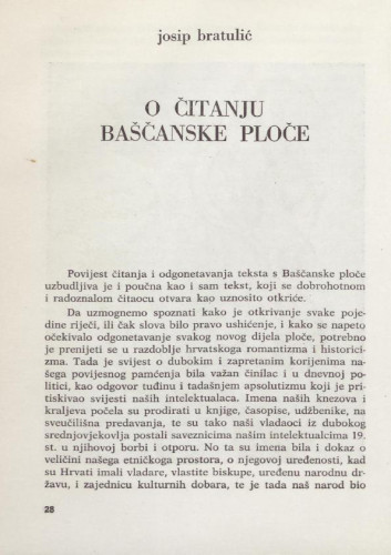 O čitanju Bašćanske ploče  Josip Bratulić