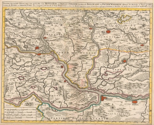 Nieuwe accurate kaert van een gedeelte van Hongarie, en Donau stroom vertonnende Belgrado en Peter Wardein alwaer de batalje is voor gevallen tussen de Kyser en Groote Turk, den 5. Augustus 1716...   / by Gerard van Keulen.