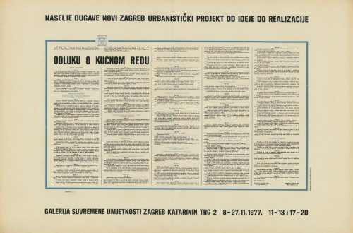 Naselje Dugave Novi Zagreb urbanistički projekt od ideje do realizacije : Galerija suvremene umjetnosti Zagreb, 8-27.11.1977. / design: B.[Boris] Bućan.
