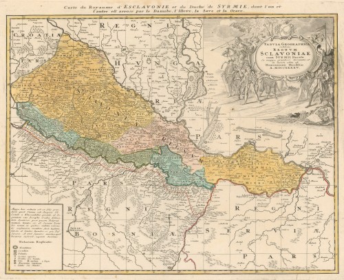 Tabula geographica exhibens regnum Sclavoniae   : cum Syrmii ducatu  / ex mappa grandiori desumta et in lucem edita ab Homannianis heredibus.