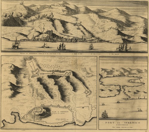 Veue de Sebenico pendent que les Turc l'avoit Assiége en 1645. Plan de Sebenico. Port de Sebenico   / [Joan Blaeu] ; chez Pierre Mortier.