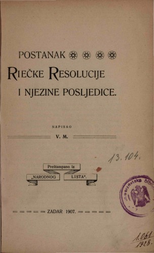 Postanak Riečke rezolucije i njezine posljedice /napisao V. M.