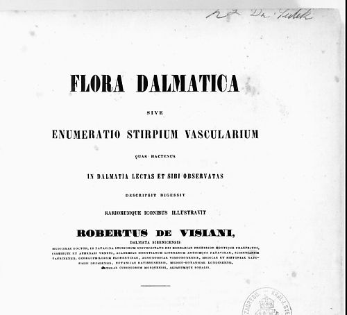 Flora dalmatica sive Enumeratio stirpium vascularium  / quas hactenus in Dalmatia lectas et sibi observatas descripsit digessit rariorumque iconibus illusstravit Robertus de Visiani.