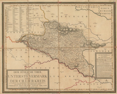 Der südliche Theil von Untersteyermark oder der Cillier Kreis   / entworfen und gezeichnet von Joseph Karl Kindermann ; gestochen zu Wien von Christoph Junker.