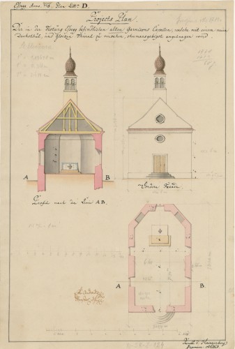 Project Plan der in der Festung Essegg befindlichen aller Garnisons Capellen welche mit einem neuen Dachtstuhl und Glocken Thürne zu versehen... /