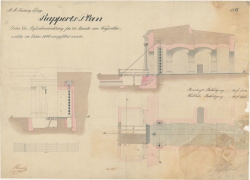 K. K. Festung Essegg. Rapports Plan über die Aufziehvorrichtung für die Brücke am Wasserthou welche im Jahre 1846 ausgeführt wurde.