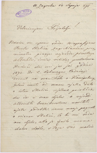 Pismo Ivana Kukuljevića Sakcinskog Vatroslavu Jagiću : u Zagrebu 12. srpnja 1875.