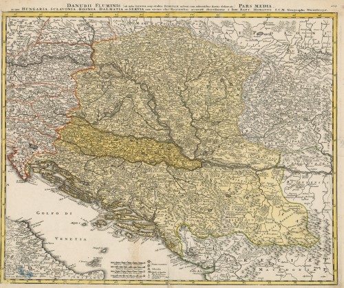 Danubii fluminis ... Pars media in qua Hungaria, Sclavonia, Bosnia, Dalmatia et Servia ...   / describuntur a Joh. [Johanne] Bapt. [Baptista] Homanno.