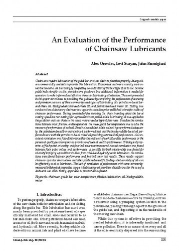 An evaluation of the performance of chainsaw lubricants / Alex Orawiec, Levi Suryan, John Parmigiani.