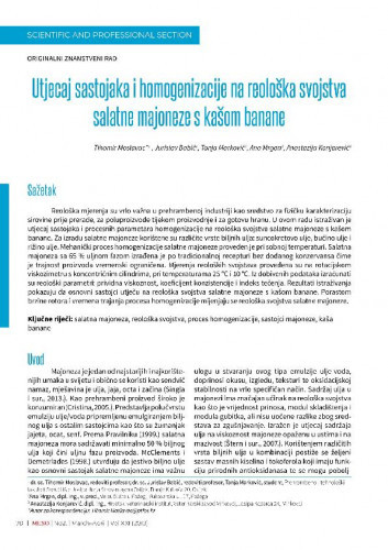 Utjecaj sastojaka i homogenizacije na reološka svojstva salatne majoneze s kašom banane   / Tihomir Moslavac, Jurislav Babić, Tanja Marković, Ana Mrgan, Anastazija Konjarević.