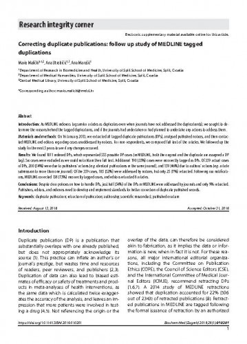 Correcting duplicate publications : follow up study of MEDLINE tagged duplications / Mario Malički, Ana Utrobičić, Ana Marušić.
