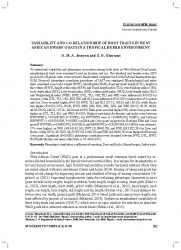 Variability and co-relationship of body traits in west African dwarf goats in a tropical humid enviroment / Oluwatosin M. A. Jesuyon, S. O. Olawumi.