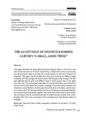 The acceptance of death in Raymond Carver's "A Small, Good Thing" / Tea Duza.