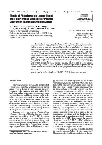 Effects of phosphorus on loosely bound and tightly bound extracellular polymer substances in aerobic granular sludge / L. L. Yan, L. B. Yu, Q. P. Liu, X. L. Zhang, Y. Liu, M. Y. Zhang, S. Liu, Y. Ren, Z. L. Chen.