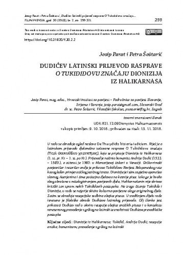Dudićev latinski prijevod rasprave O Tukididovu značaju Dionizija iz Halikarnasa /Josip Parat, Petra Šoštarić.