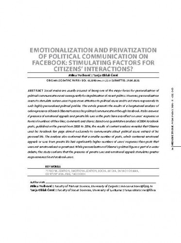 Emotionalization and privatization of political communication on Facebook : stimulating factors for citizens' interactions? / Milica Vučković, Tanja Oblak Črnič.