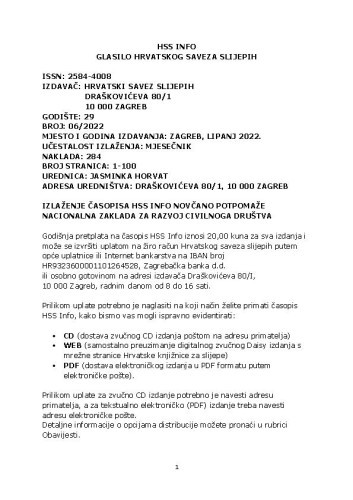 Hrvatski savez slijepih info : 29,6(2022) /  urednica Jasminka Horvat