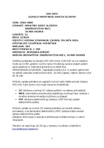 Hrvatski savez slijepih info : 31,2(2024)  / urednica Jasminka Horvat.