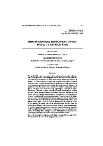 Measuring ideology in the Croatian context : testing the left-right scale / Leon Runje, Valentino Petrović, Kosta Bovan.