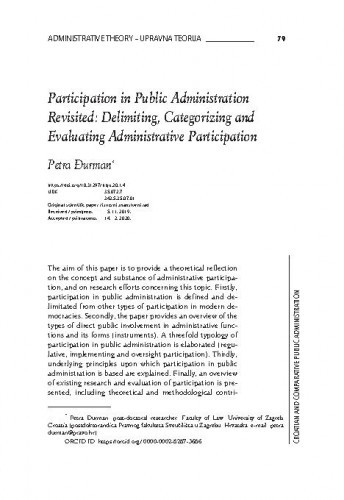 Participation in public administration revisited : delimiting, categorizing and evaluating administrative participation / Petra Đurman.
