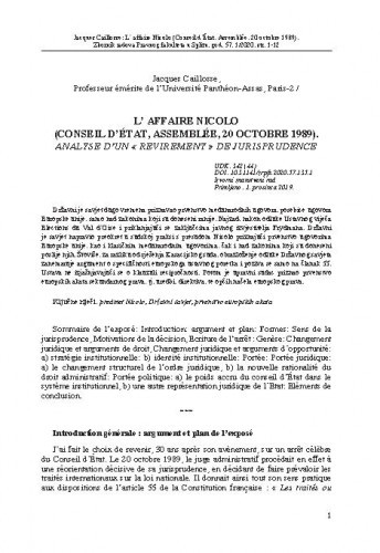 L'affaire Nicolo (Conseil d'État, Assemblée, 20 octobre 1989) : analyse d'un "revirement" de jurisprudence / Jacques Caillosse.