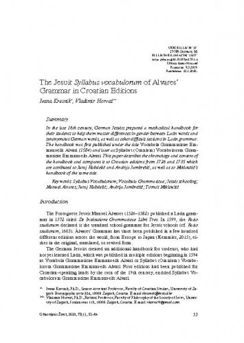 The Jesuit Syllabus vocabulorum of Alvares’ Grammar in Croatian editions / Ivana Kresnik, Vladimir Horvat.