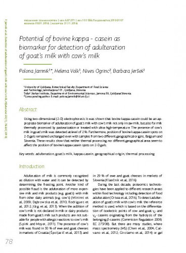 Potential of bovine kappa - casein as biomarker for detection of adulteration of goat's milk with cow's milk / Polona Jamnik, Helena Volk, Nives Ogrinc, Barbara Jeršek.