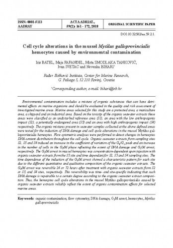 Cell cycle alterations in the mussel Mytilus galloprovincialis hemocytes caused by environmental contamination /Iris Batel, Maja Fafanđel, Mirta Smodlaka Tanković, Ivan Ivetac, Nevenka Bihari.