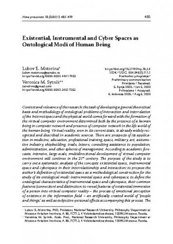 Existential, instrumental and cyber spaces as ontological modi of human being / Lubov E. Motorina, Veronica M. Sytnik.