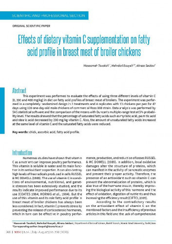 Effects of dietary vitamin C supplementation on fatty acid profile in breast meat of broiler chickens   / Masoomeh Tavakoli, Mehrdad Bouyeh, Alireza Seidavi.