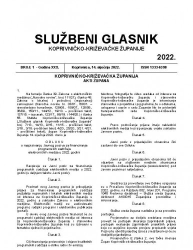 Službeni glasnik Koprivničko-križevačke županije : 30,1(2022) / glavni i odgovorni urednik Ljubica Belobrk Flamaceta.