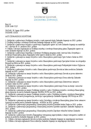 Službeni glasnik Zadarske županije : 29,16(2022) /  glavna urednica Marina Plenča Alibašić.