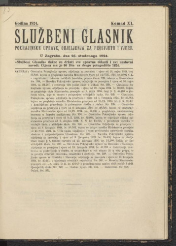 Službeni glasnik pokrajinske uprave za Hrvatsku i Slavoniju, odjeljenja za prosvjetu i vjere: 3,11(1924)