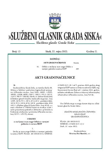 Službeni glasnik Grada Siska  : službeno glasilo Grada Siska : 2,13(2023) / uredništvo Gordana Karapandža Prica ... [et al.].