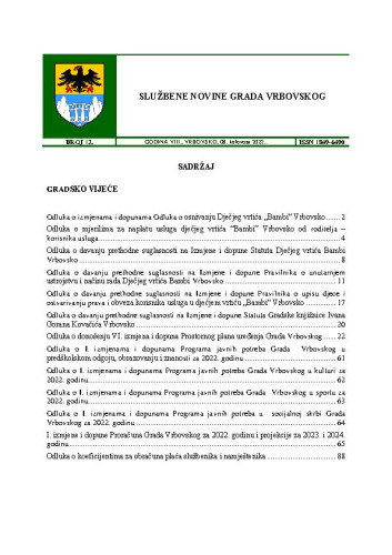 Službene novine Grada Vrbovskog : 8,12(2022)  / glavni urednik Marina Tonković