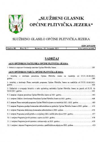 Službeni glasnik Općine Plitvička Jezera : službeno glasilo Općine Plitvička Jezera : 3,10(2021) / glavni i odgovorni urednik Marija Vlašić.