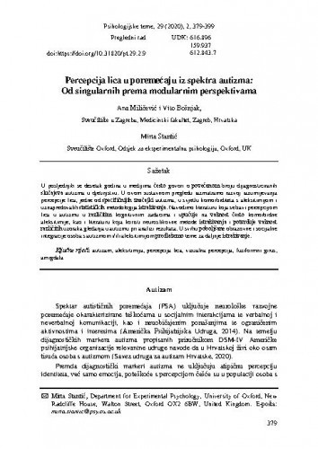 Percepcija lica u poremećaju iz spektra autizma : od singularnih prema modularnim perspektivama / Ana Miličević, Vito Bošnjak, Mirta Stantić.
