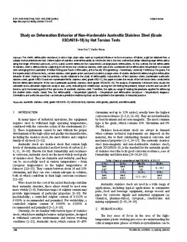 Study on deformation behavior of non-hardenable austenitic stainless steel (grade X5CrNi18-10) by hot torsion tests / Imre Kiss, Vasile Alexa.