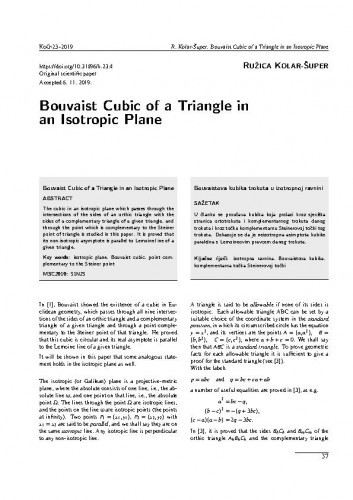 Bouvaist cubic of a triangle in an isotropic plane / Ružica Kolar-Šuper.