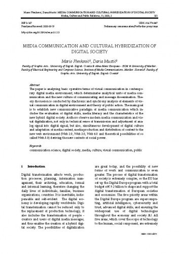 Media communication and cultural hybridization of digital society / Mario Plenković, Daria Mustić.
